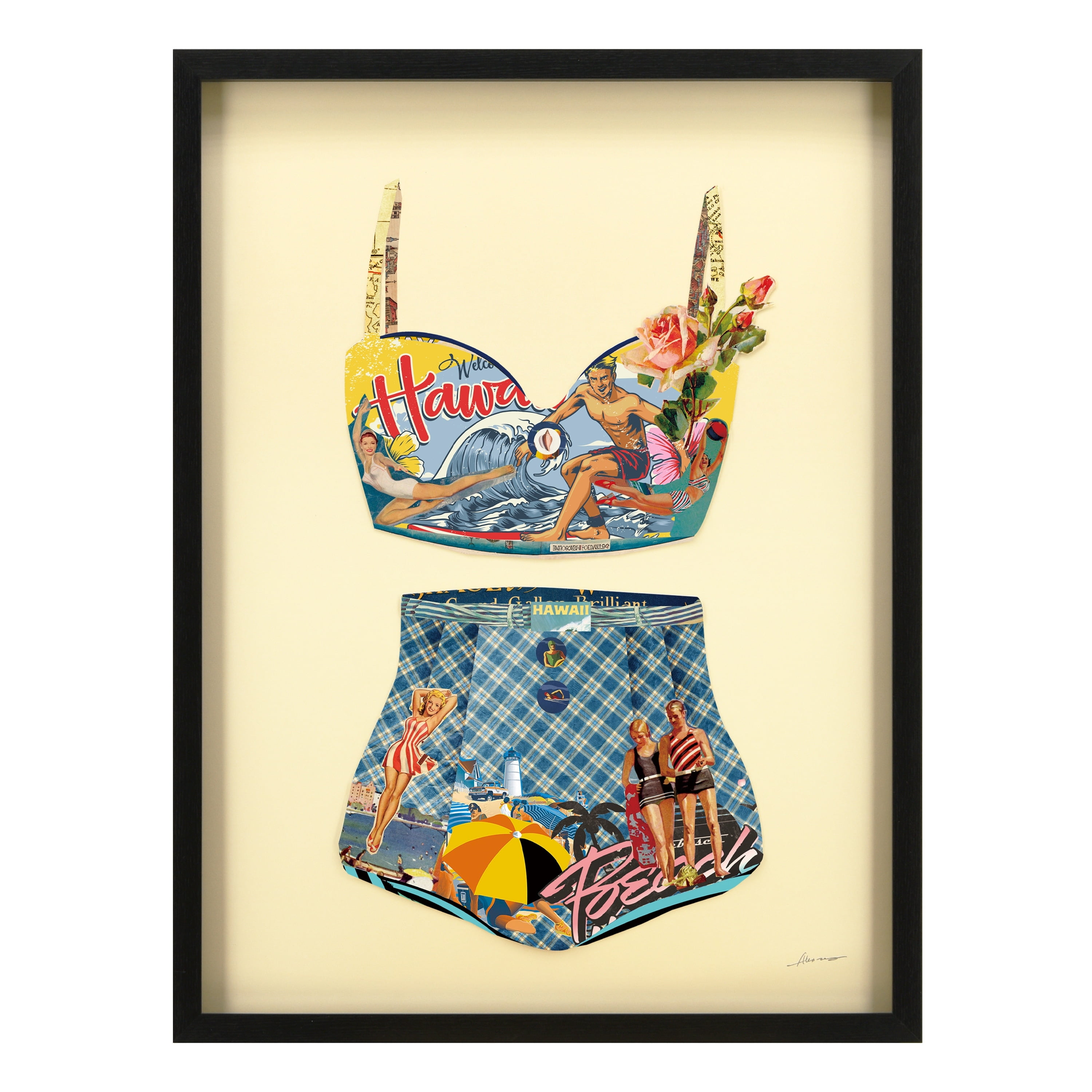 Hawaii Beach Vintage Collage Framed Graphic Art Under Glass