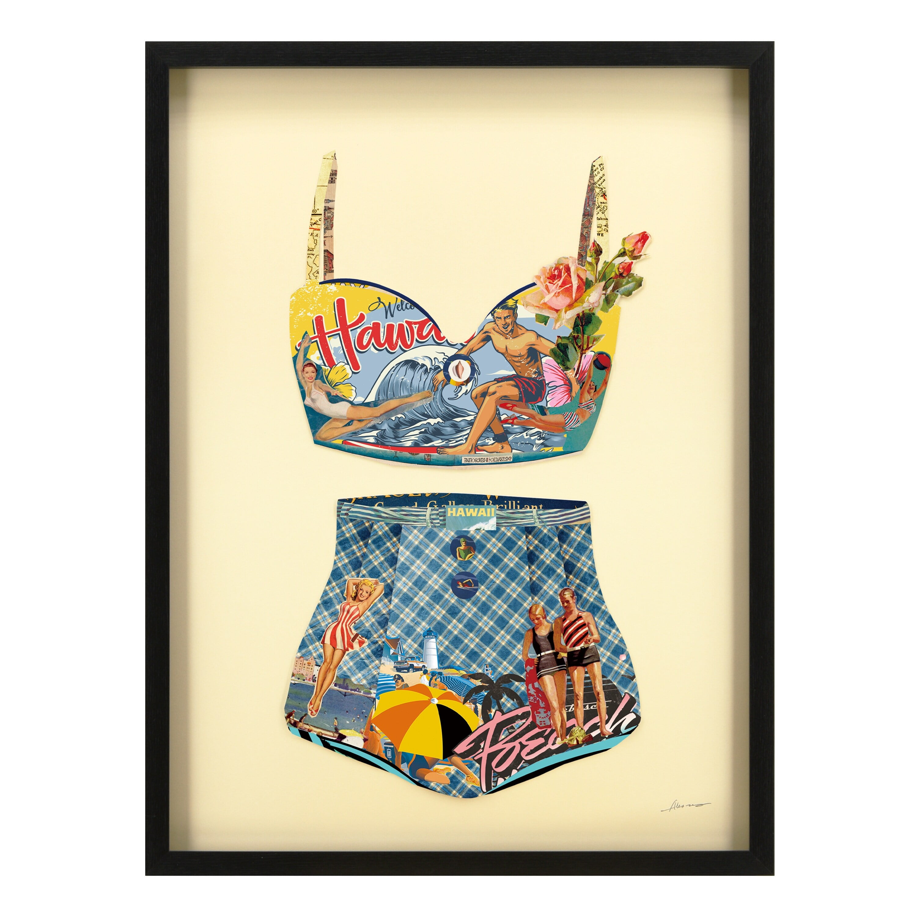 Hawaii Beach Vintage Collage Framed Graphic Art Under Glass