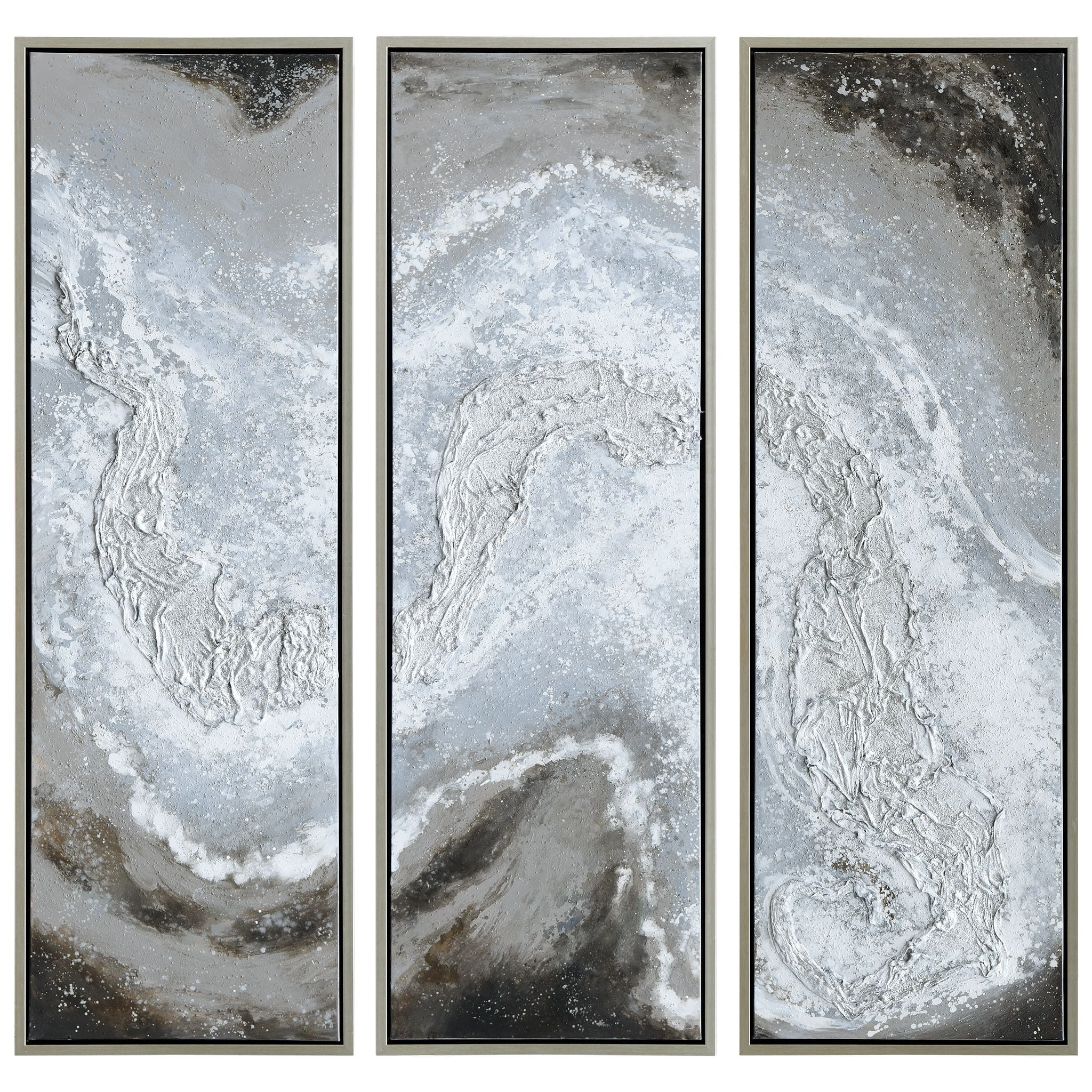 Iced Textured Abstract Triptych Oil Painting with Champagne Frame