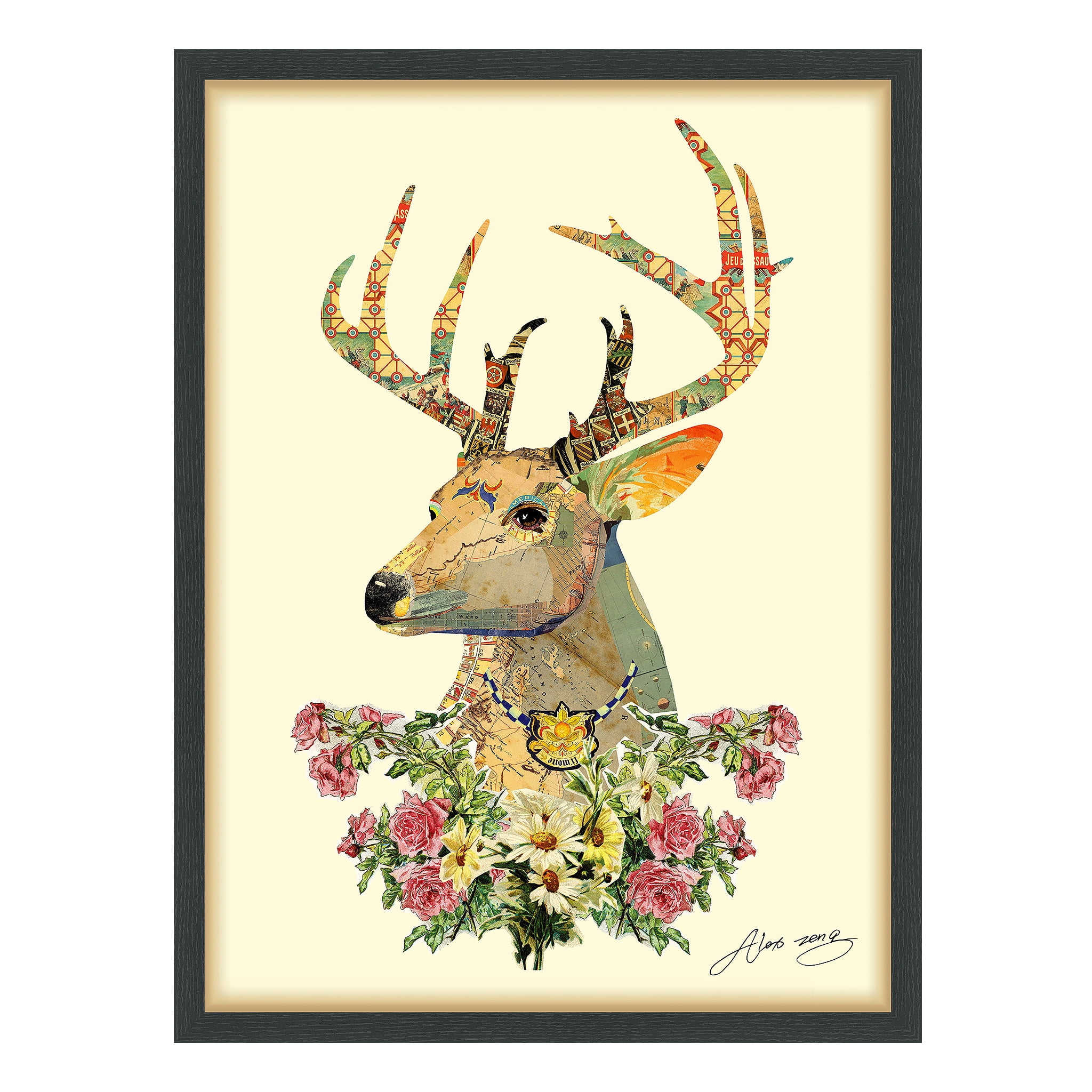 Empire Art Direct Mrs. Deer Dimensional Graphic Collage Framed Under Tempered Glass Wall Art