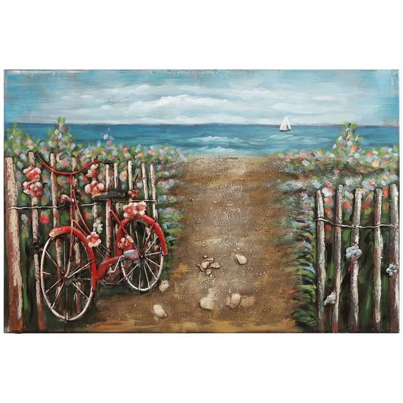 Red Bicycle Beach Landscape Hand Painted Iron Wall Art