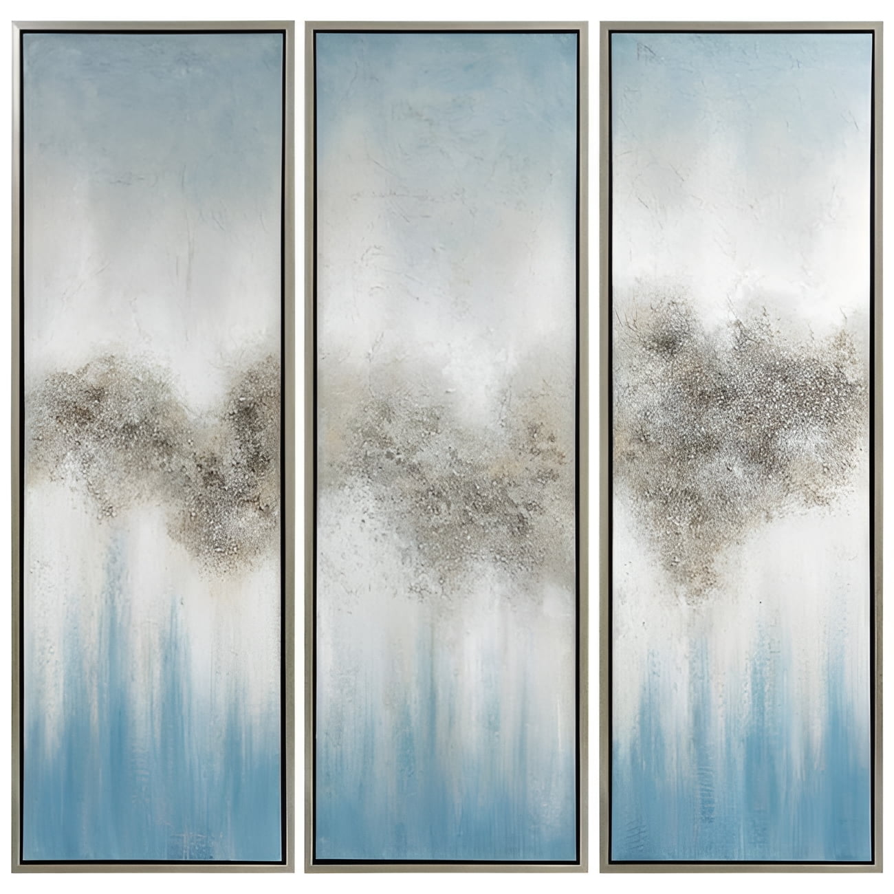 Sequence Blue and Silver Abstract Triptych Canvas Painting