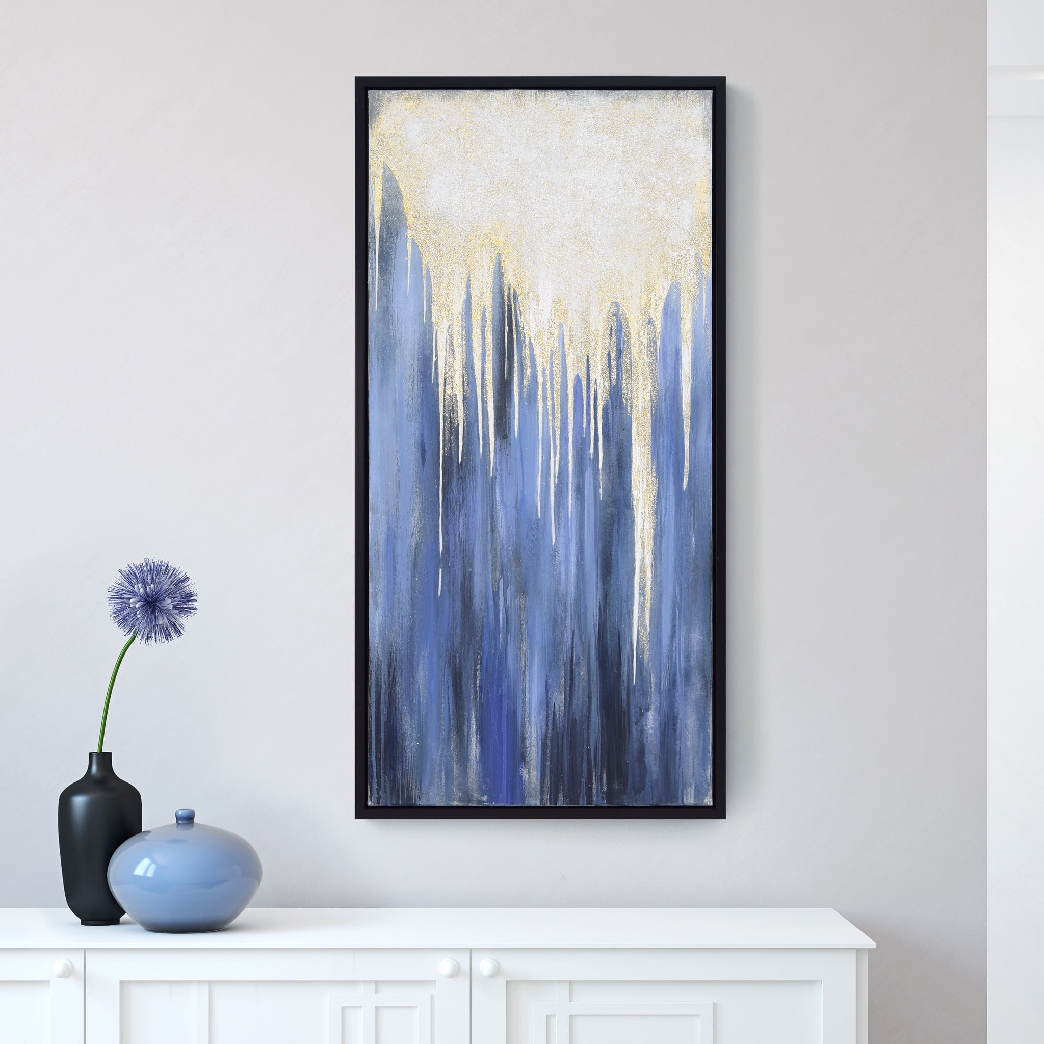 Snowy Drip Blue and Gold Abstract Hand Painted Wall Art