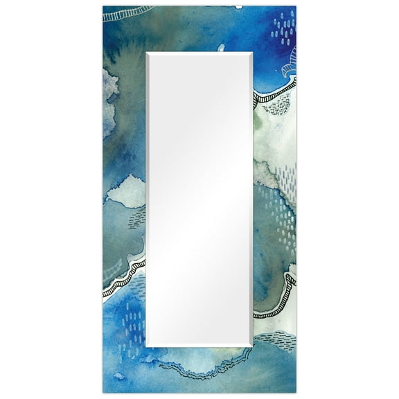 Empire Art Direct "Subtle Blue"Abstract Rectangular Beveled Wall Mirror on Free Floating Tempered Glass - Multi 72 x 36 Blue, Ivory