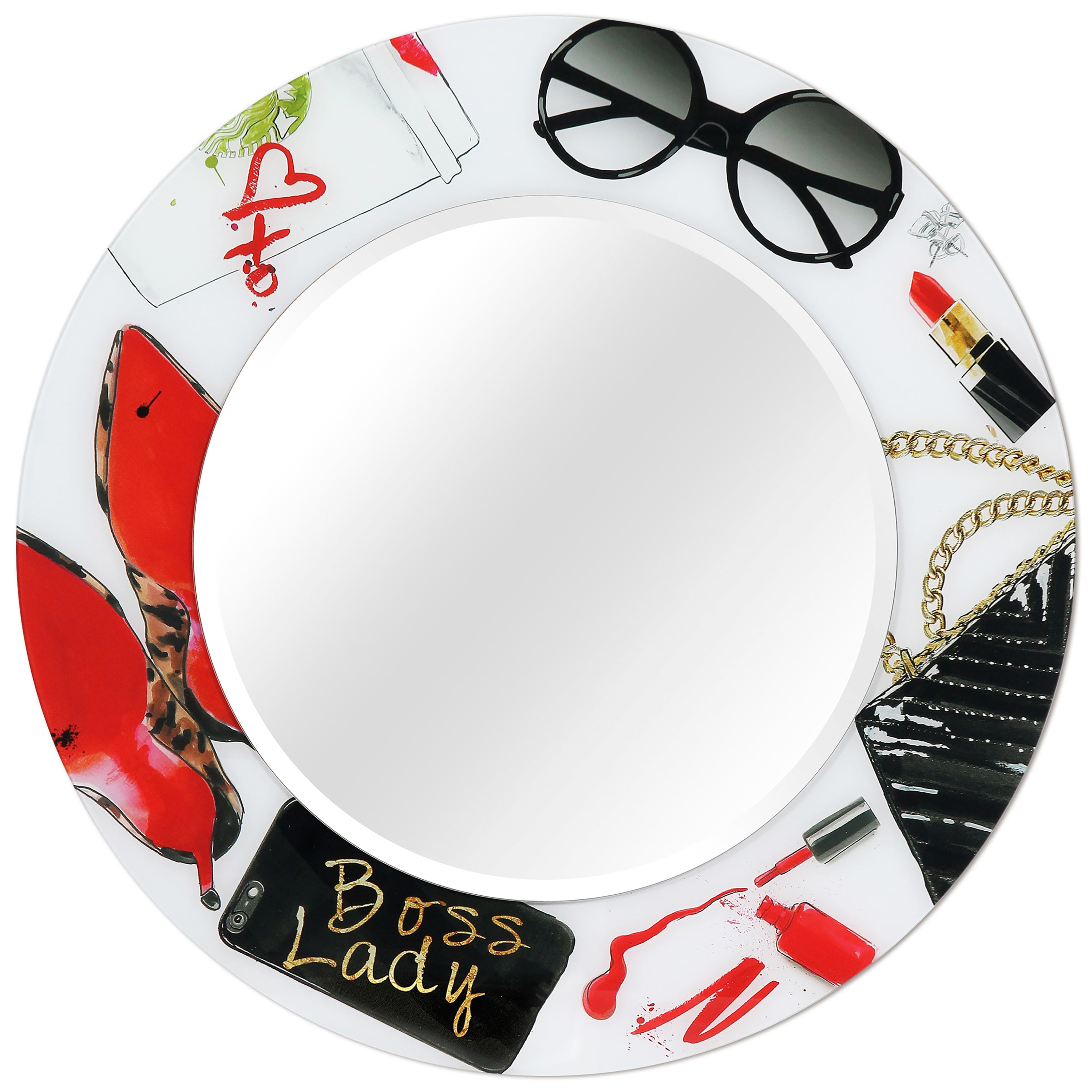 Empire Art Direct TAM-JP802-3636R-2424R 36 x 36 in. Boss Lady Round Beveled Mirror on Free Floating Reverse Printed Tempered Art Glass