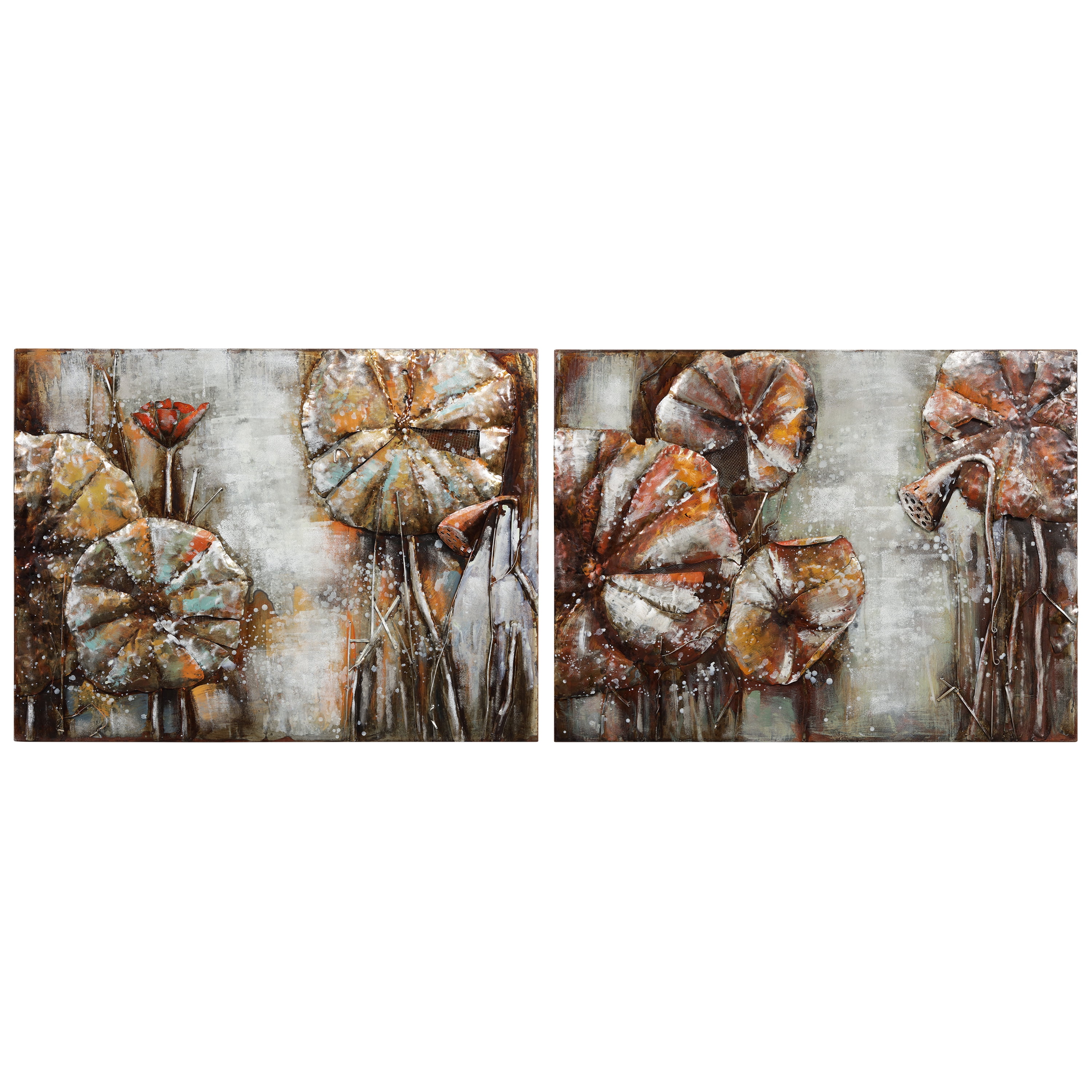 Empire Art Direct Water Lilly Pads 1 & 2 Hand Painted 3D Metal Wall Art, 48" x 36" each, Ready to Hang