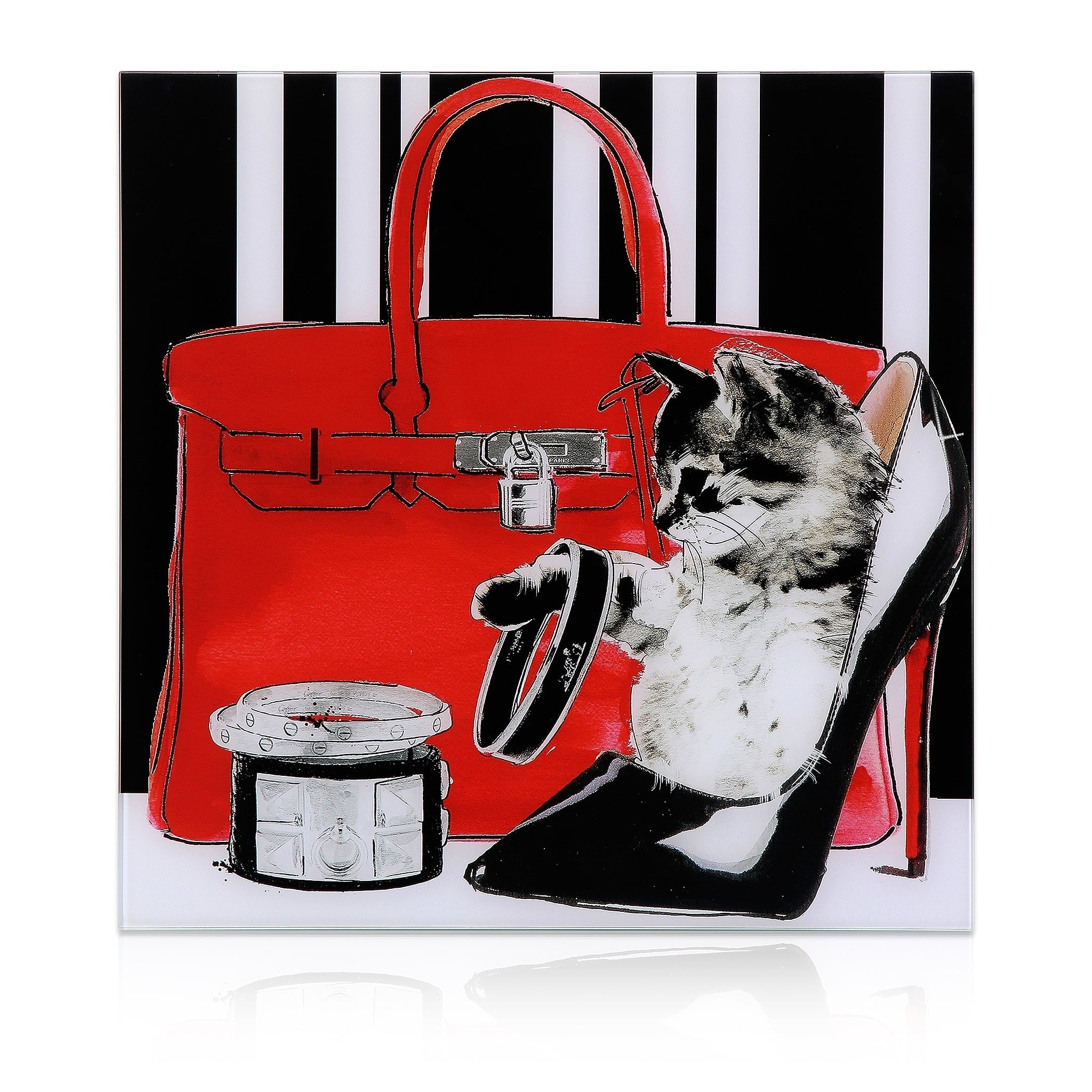 Chic Red and Black Glass Cat Wall Art, 20" x 20"