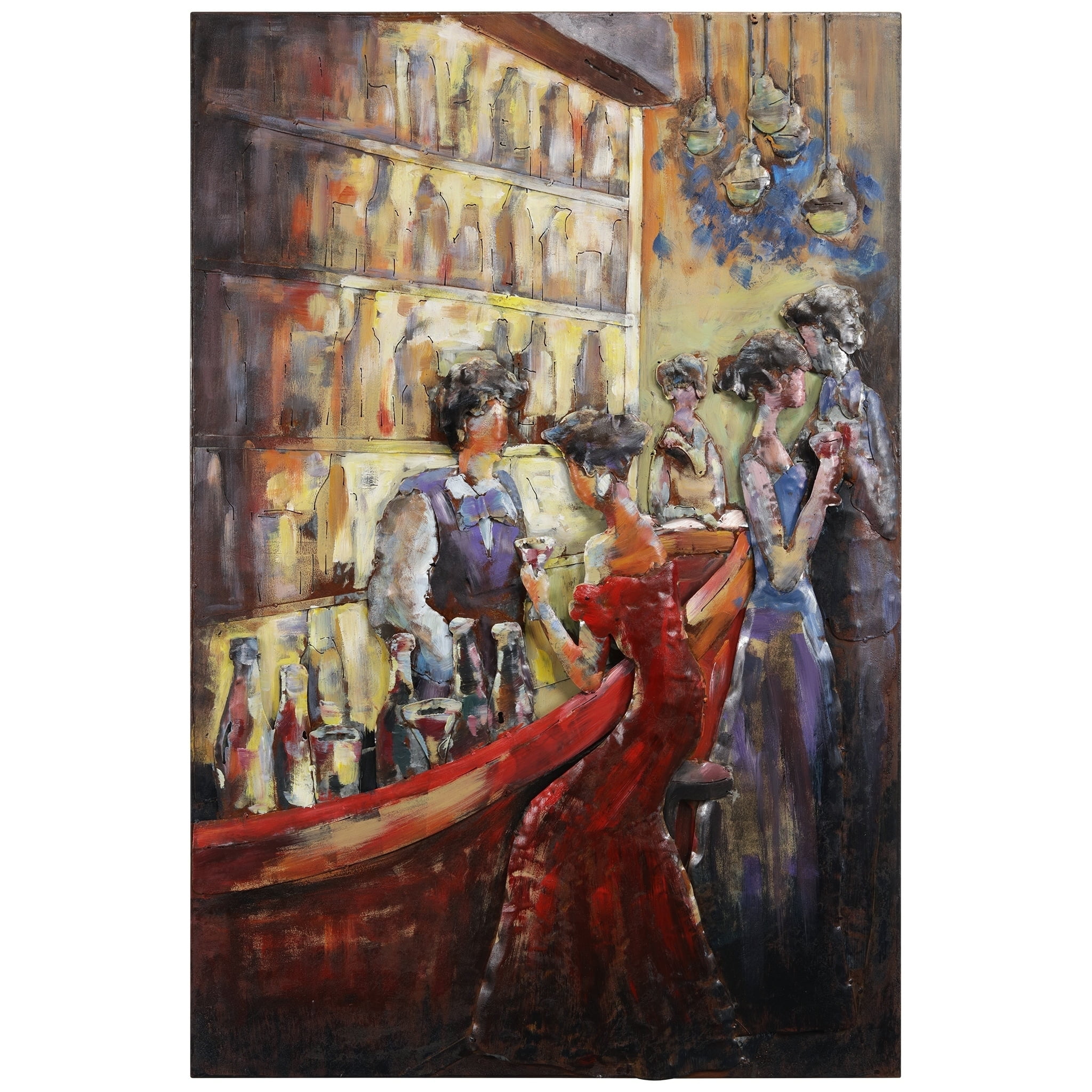 Hand Painted Dimensional Tavern Scene Iron Wall Art, 52" x 36"