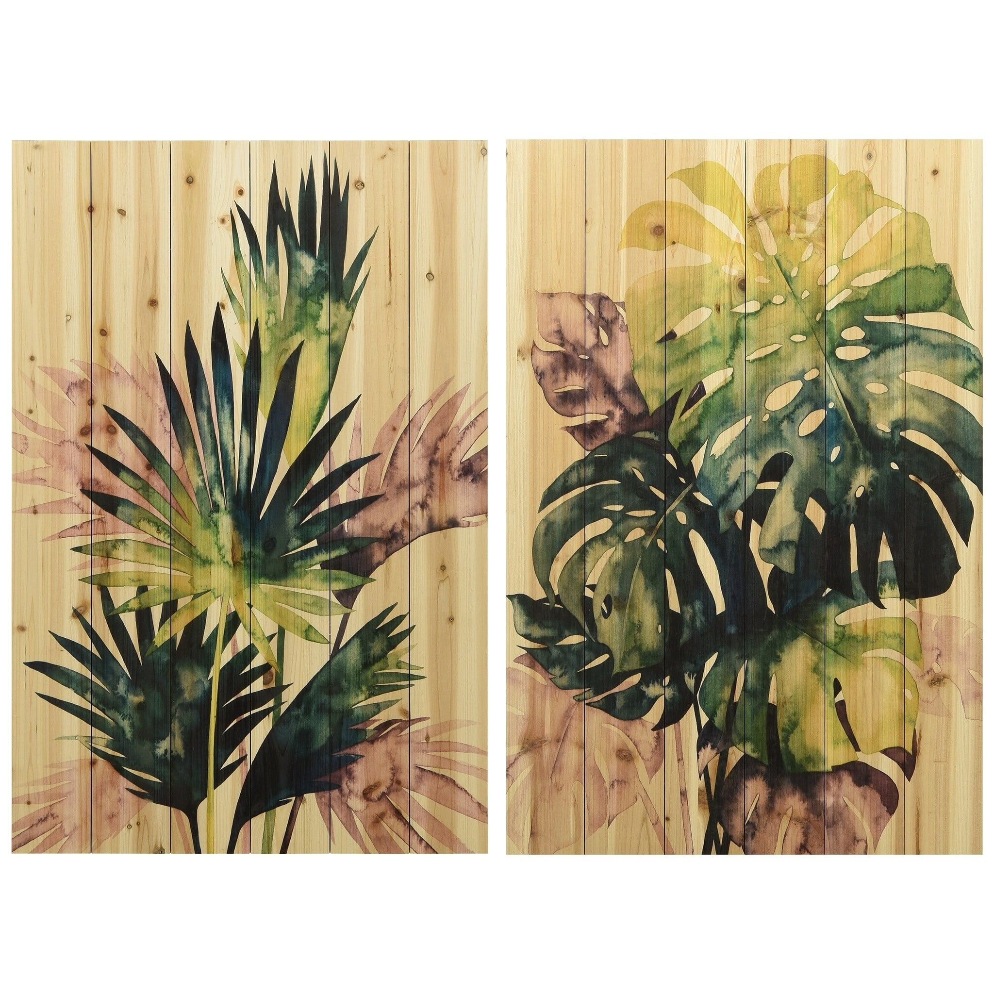 Twilight Palms Green and Purple Fir Wood Wall Art Set
