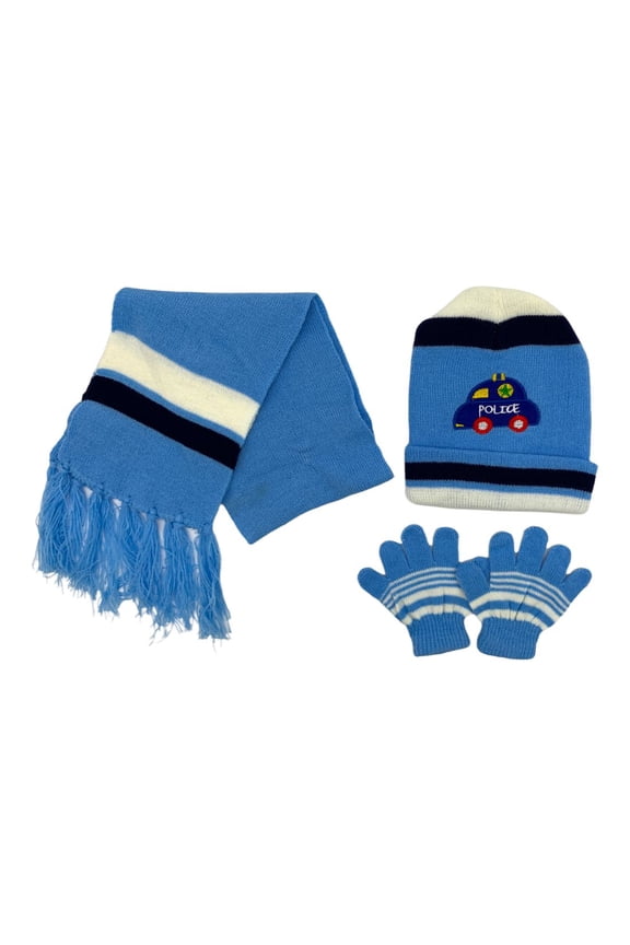 3 Piece Kids Winter Knit Beanie Set Gloves Hats Scarves Girls Boys Police