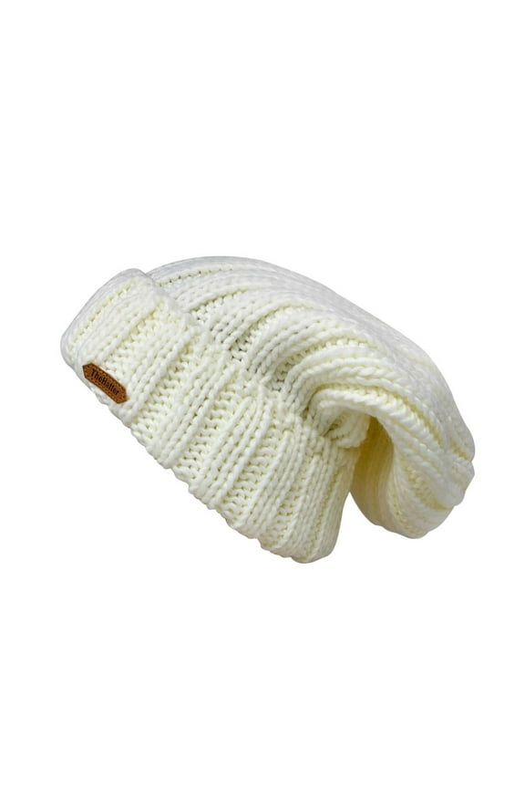 Cable Knit Long Beanie Braided Slouch Cuffed Womens Winter Warm - Ivory