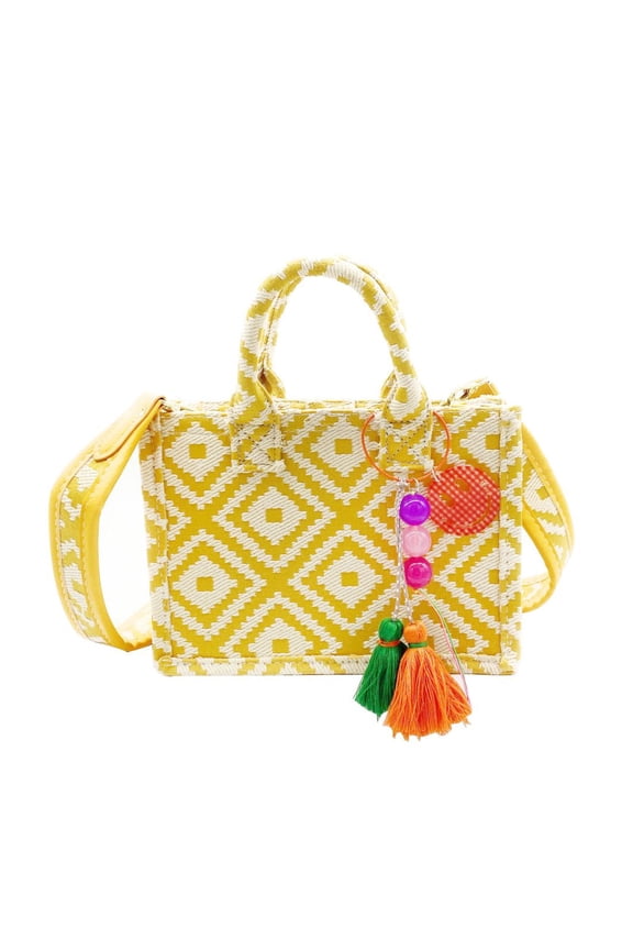 Women's Diamond Tote Bag Purse Satchel Gift Set with Tassel and Charm, Yellow
