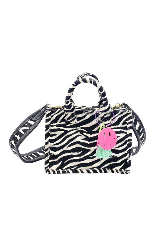 Women's Zebra Mini Tote Handbag Purse with Tassel and Charm, Black