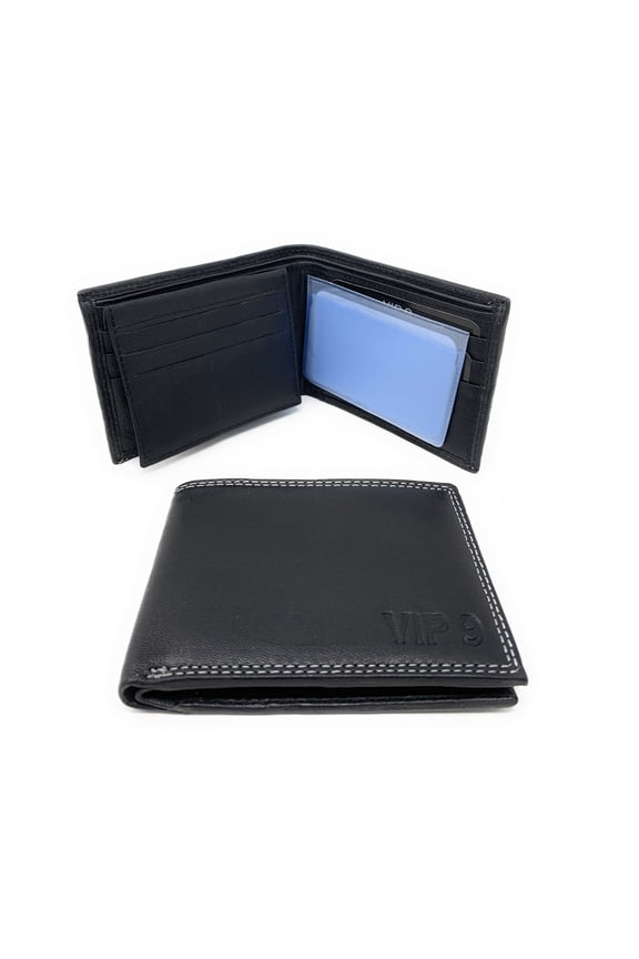 VIP Classic Genuine Leather Slim Bifold Wallets Inside Flip Up ID Black
