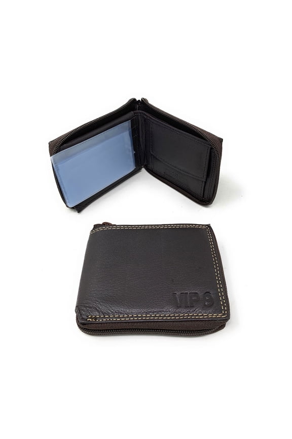 VIP Classic Genuine Leather Slim Bifold Wallets Zippered Flip Up ID Brown