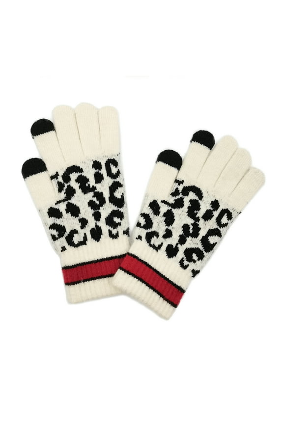 Winter Knit Leopard Striped Touch Screen Gloves - Ivory