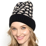 Empire Cove Winter Knit Ribbed Leopard Cuff Beanie - Black