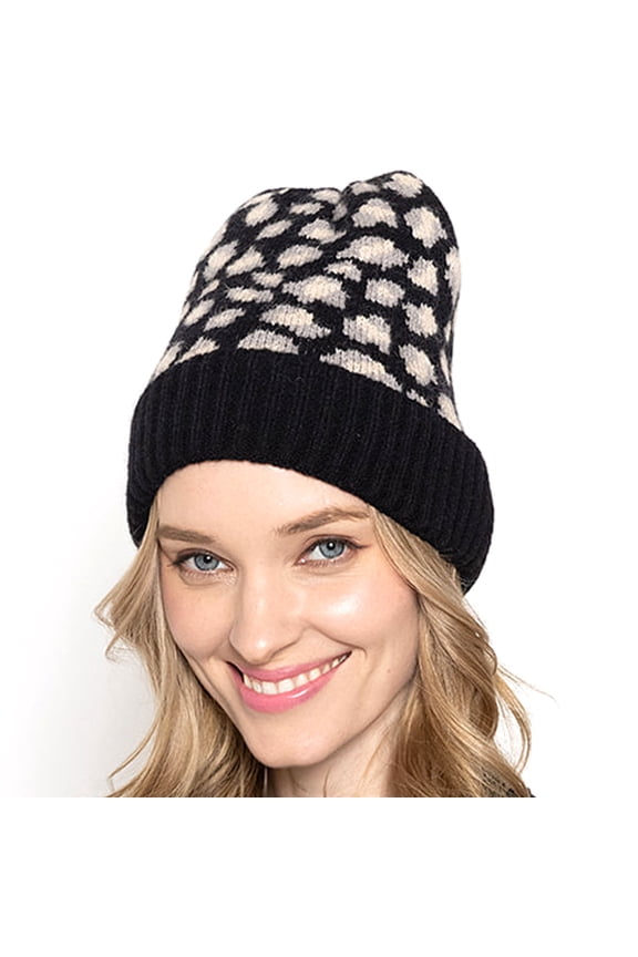 Winter Knit Ribbed Leopard Cuff Beanie - Black