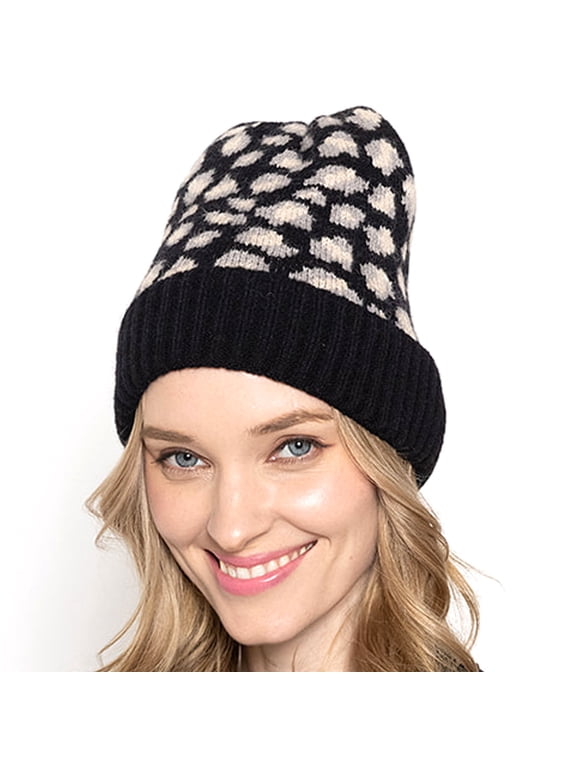 Winter Knit Ribbed Leopard Cuff Beanie - Black