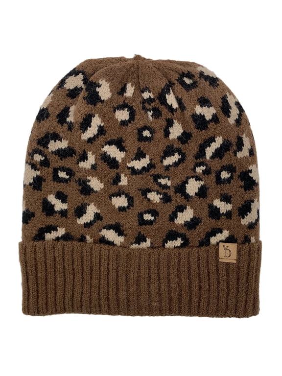 Winter Knit Ribbed Leopard Cuff Beanie - Brown