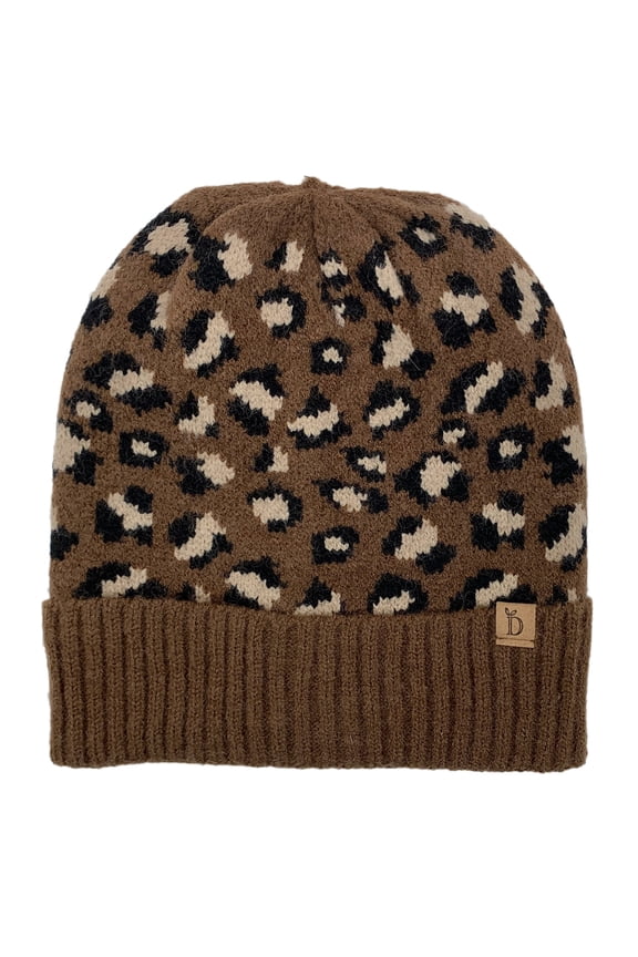 Winter Knit Ribbed Leopard Cuff Beanie - Brown