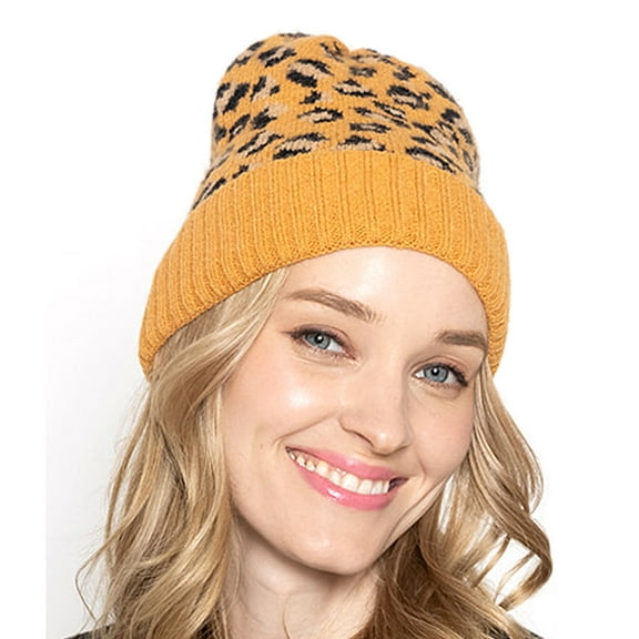 Empire Cove Winter Knit Ribbed Leopard Cuff Beanie - Mustard
