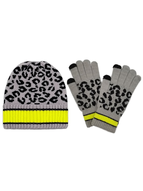 Winter Set Knit Leopard Striped Beanie and Touch Screen Gloves Gift Set