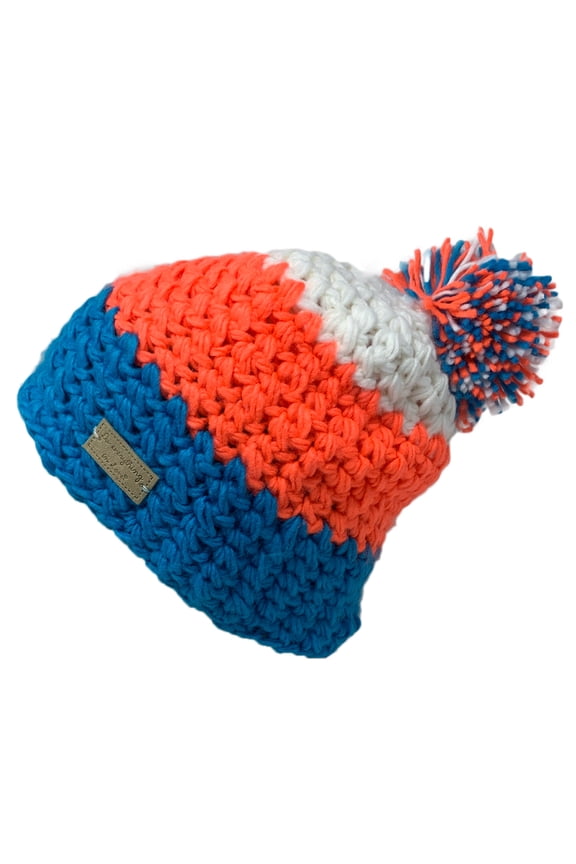 Winter Tri-Color Knit Beanie with Pom Pom- Blue