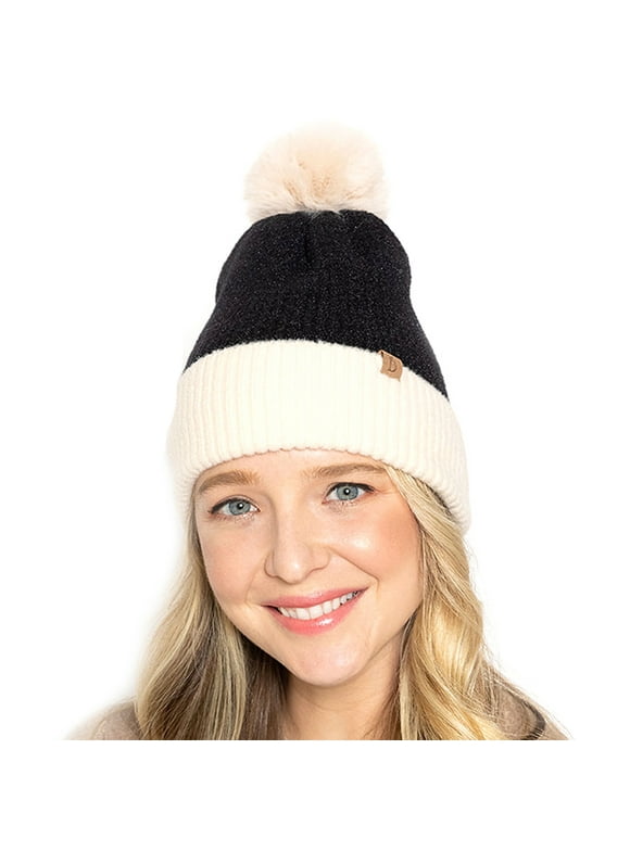Women's Winter Ribbed Knit Beanie with Faux Fur Pom Pom Hats Gifts for Her