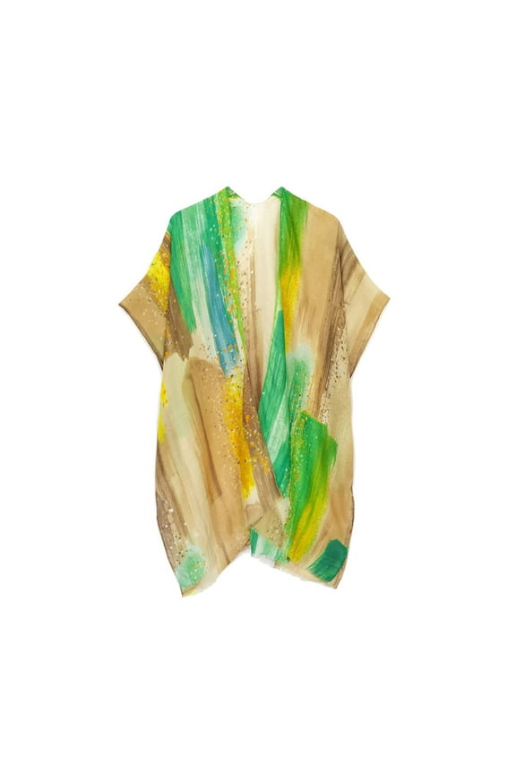 Womens Brush Stroke Print Kimono Shawl Wraps Beach Cover Ups Summer Taupe