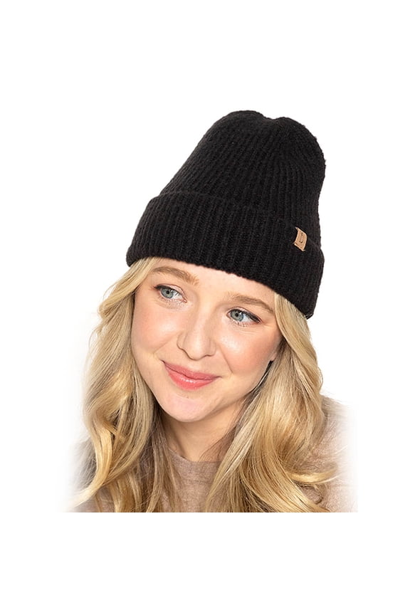Womens Ribbed Knit Cuff Beanie Black