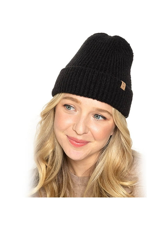 Womens Ribbed Knit Cuff Beanie Black