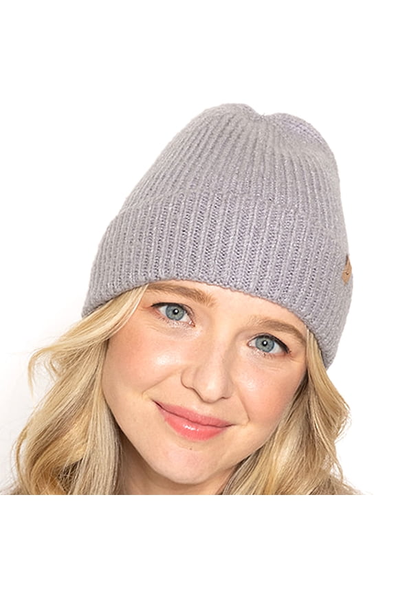 Womens Ribbed Knit Cuff Beanie Light Gray