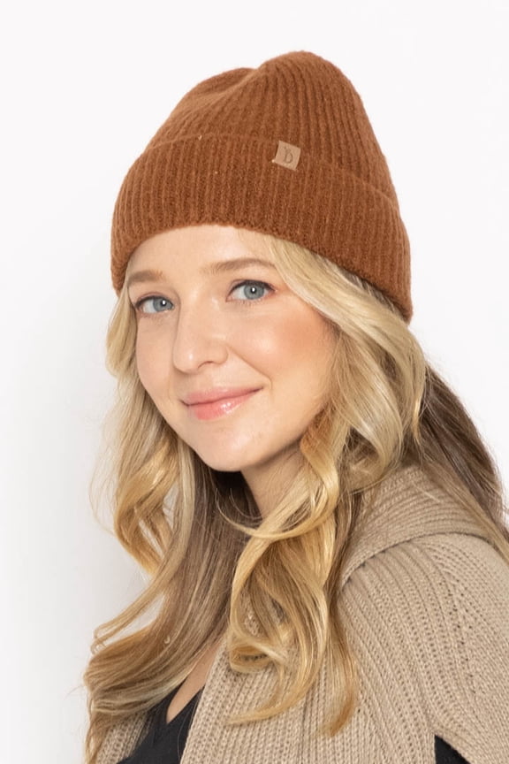 Womens Ribbed Knit Cuff Beanie Rust