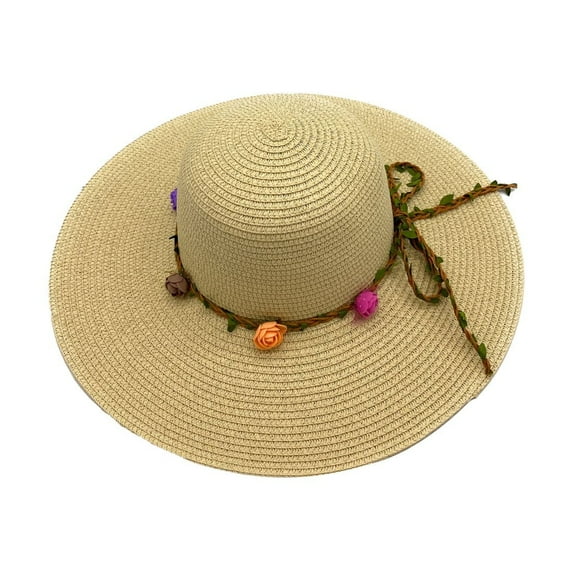 Empire Cove Womens Wide Brim Straw Hat Floppy Sun Hat Panama Fedora Flower Beige