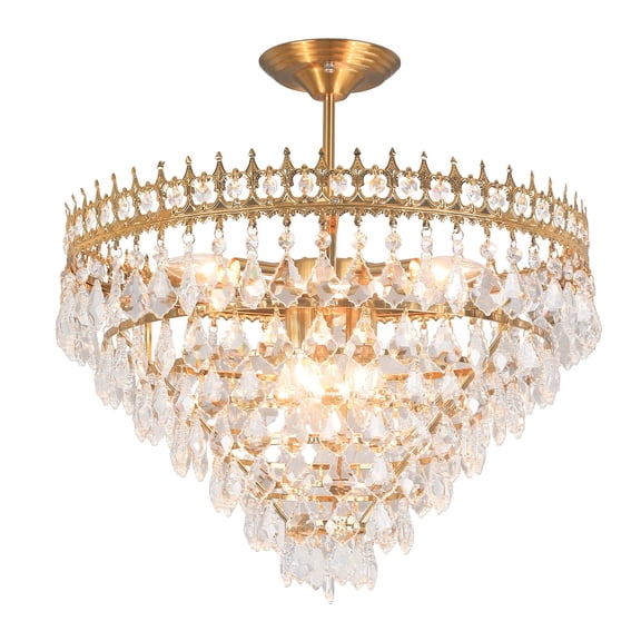 Empire Crystal Chandelier, Modern 6-Light Flush Mount Gold Ceiling Light Fixture with Crystal Lampshade for Living Room Dining Room
