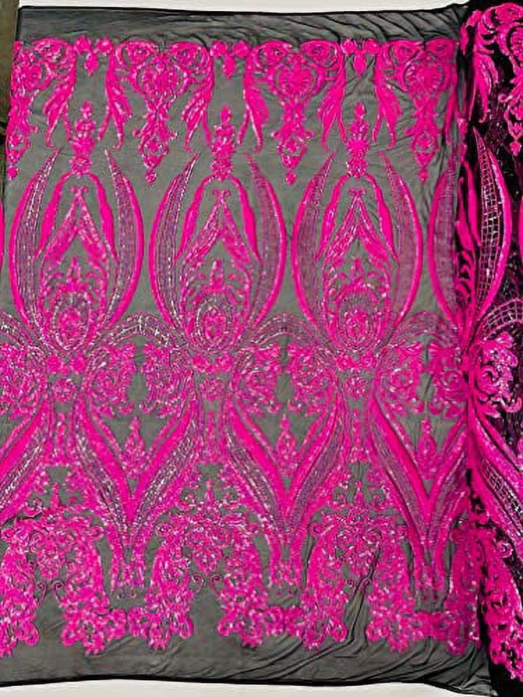 Aqua iridescent phoenix feather design with sequins embroider on a Nude 4 way stretch mesh fabric-sold by the yard. main image 1