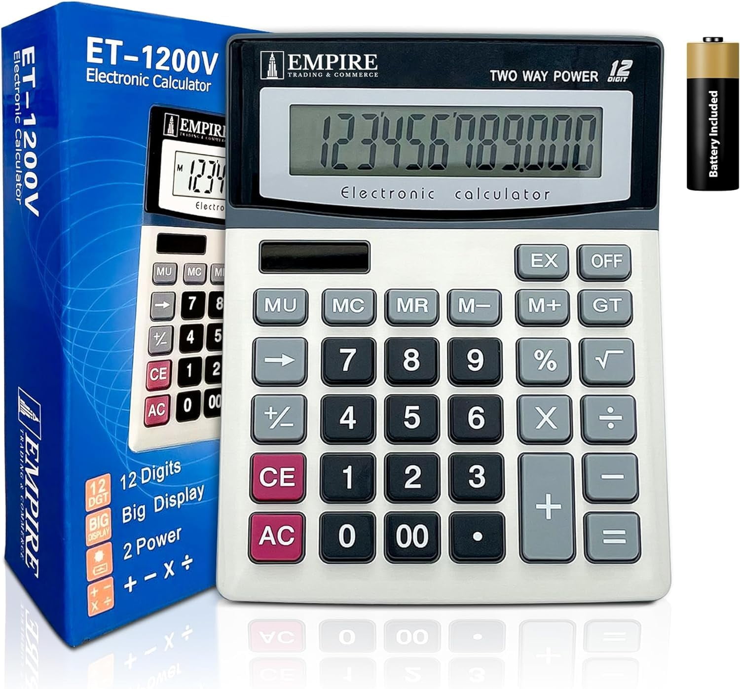 Empire Desk Calculator with Large Key Buttons, 12 Digits, Large Eye