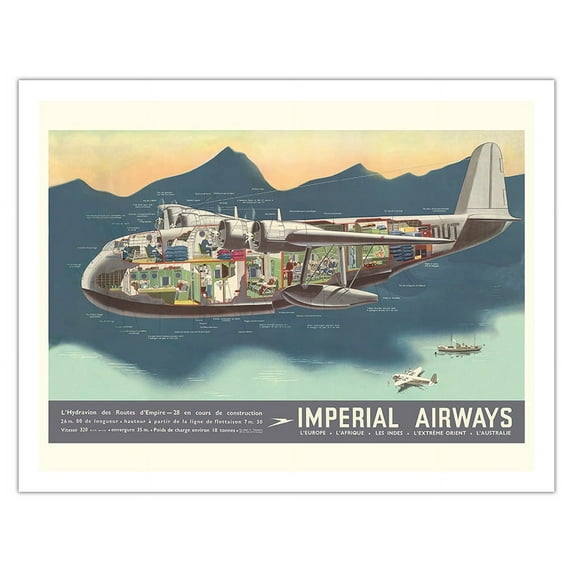 Empire Flying Boats Aircraft - Imperial Airways - Vintage Airline Travel Poster by Harold McCready c.1937 - Fine Art Matte Paper Print (Unframed) 20x26in