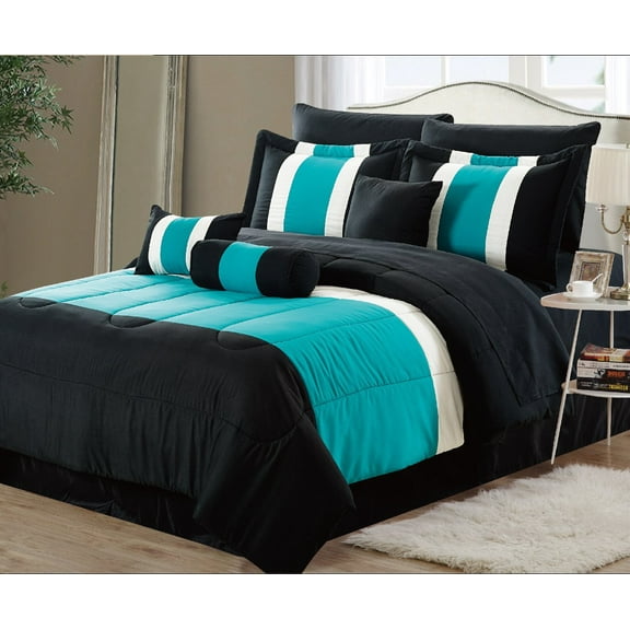 Empire Home Serenity 8-Pieces Teal Black Double-Striped Comforter Bedding Sets, Queen