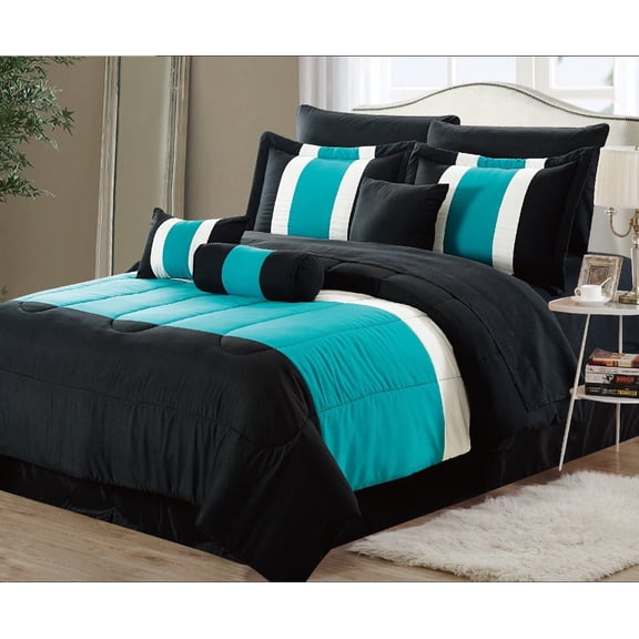 Empire Home 8 Piece Queen Comforter Set Teal Blue Black Bedding with Sheets All Seasons