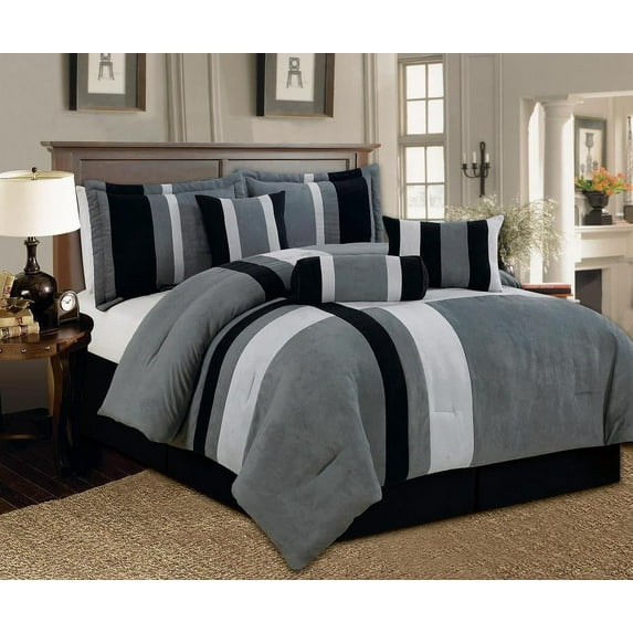 Empire Home Fashion 7 Piece Luxurious Gray and Black Micro Suede Bed in a Bag, California King