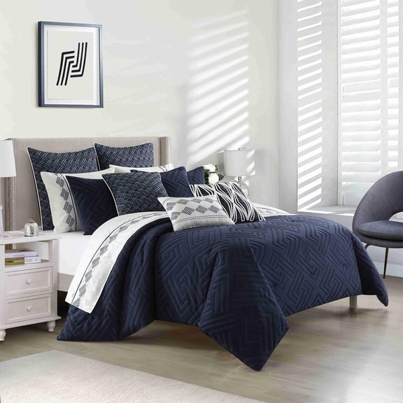 Empire Home Fashion Full Comforter Set - 6 Piece Navy Blue Bed in a Bag with Pillow Shams and Throw Pillows for all Seasons