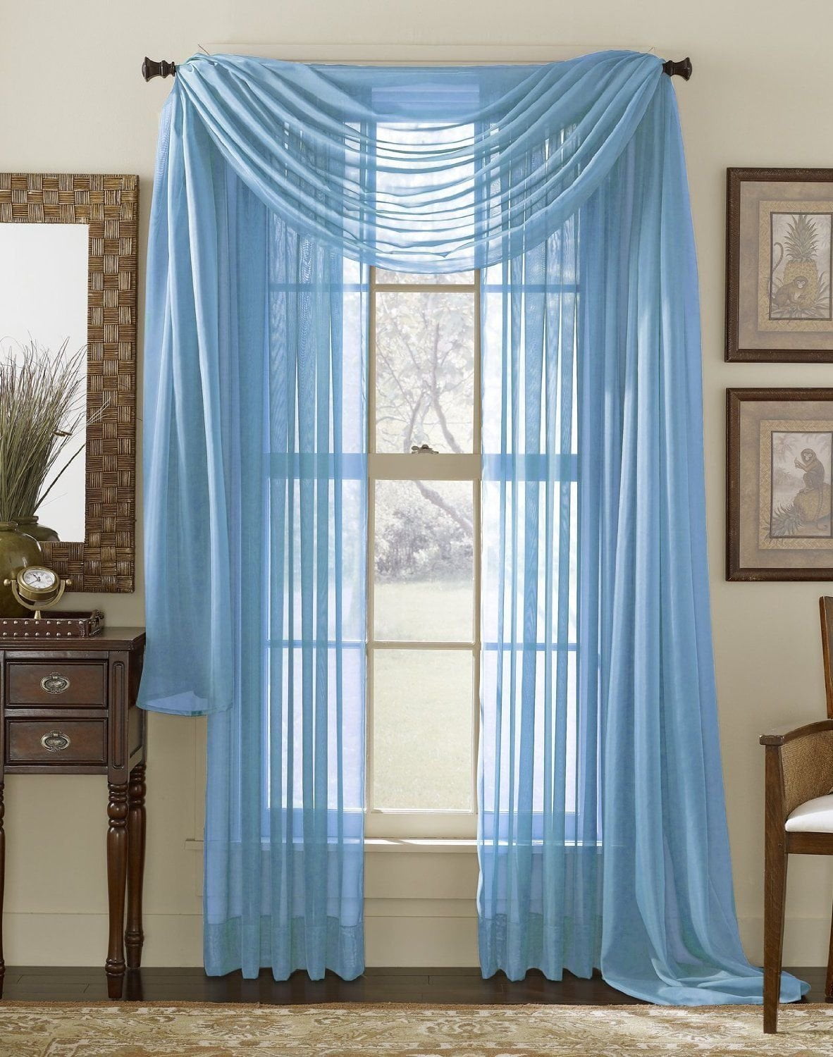 Empire Home Fashion Modern Light Blue Solid Print Rod Pocket Sheer Kitchen Curtain, 55” x 63”