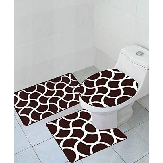 Empire Home Thick 3 Piece Geometric Wave High Pile Bathroom Set Bath Mat Countour Rug/Toilet Seat Cover - Brown
