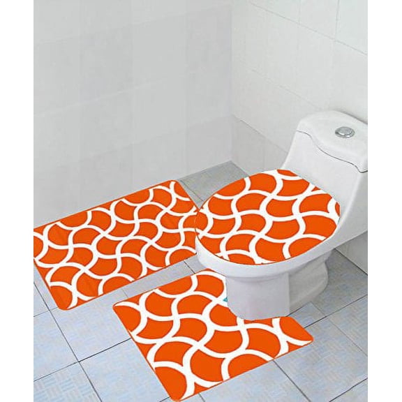 Empire Home Thick 3 Piece Geometric Wave High Pile Bathroom Set Bath Mat Countour Rug/Toilet Seat Cover - Orange