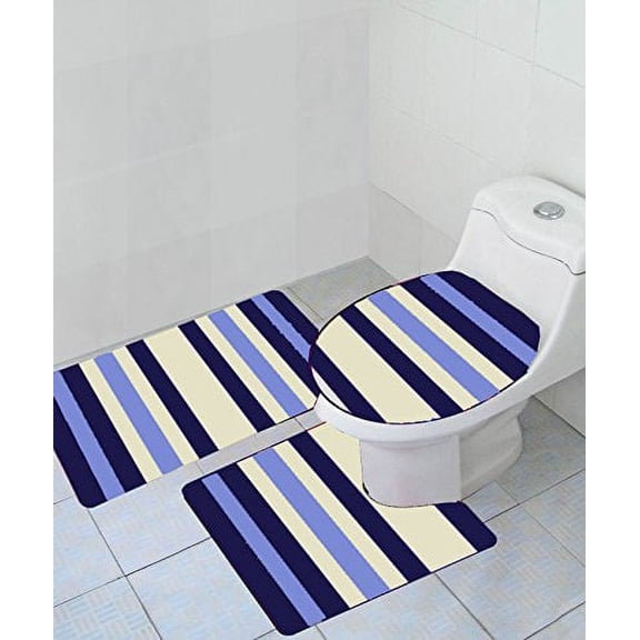 Empire Home Thick 3 Piece Stripe High Pile Bathroom Set - Navy