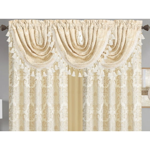Empire Home Traditional Jacquard Olivia Window Waterfall Valance Drapery - Gold - NEW ARRIVAL - 46" Wide X 37" Drop