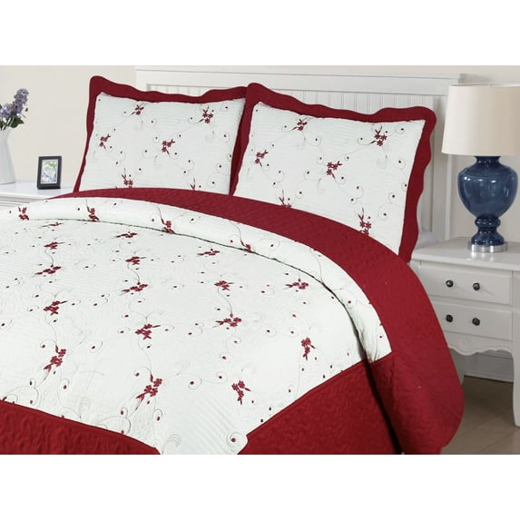 Empire Home Xenia 3 PC Quilted/ Embroidered Oversized Bedspread- Queen, Burgundy