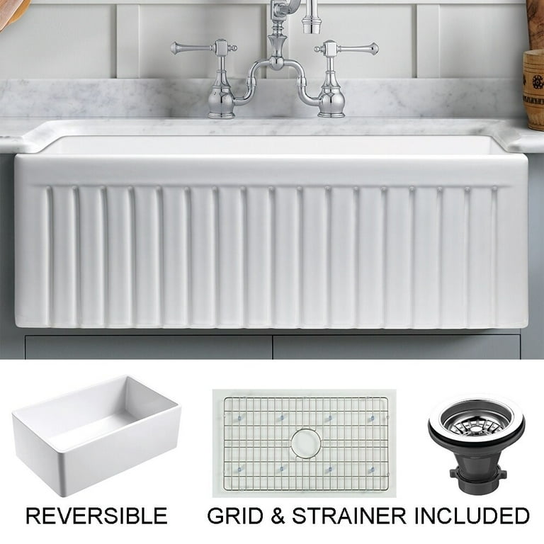 Sutton Place Farmhouse Fireclay 33 in. Single Bowl Kitchen Sink with Grid with Grid and Strainer Sutton Place Farmhouse Fireclay 33 in. Single Bowl Kitchen Sink with Grid with Grid and Strainer